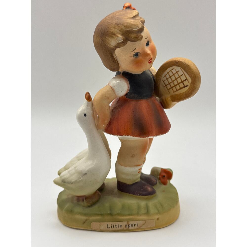 Vintage Arnart 5th Ave Hand Painted Porcelain Girl Tennis‎ Figurine w/ Geese